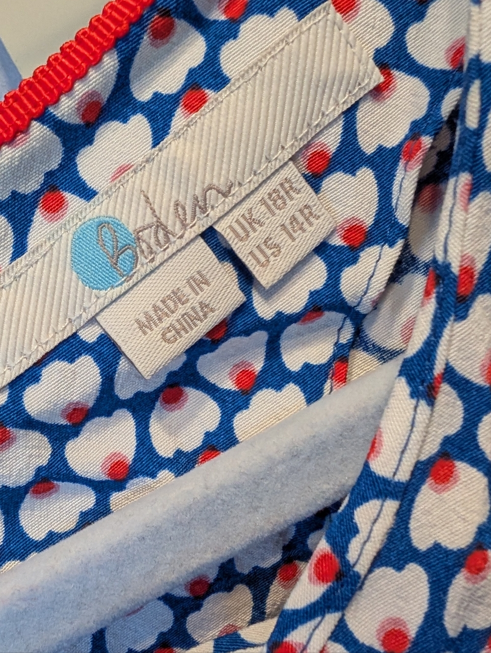 Boden Blue Floral Print Blouse with White and Red Details - Picture 4 of 6